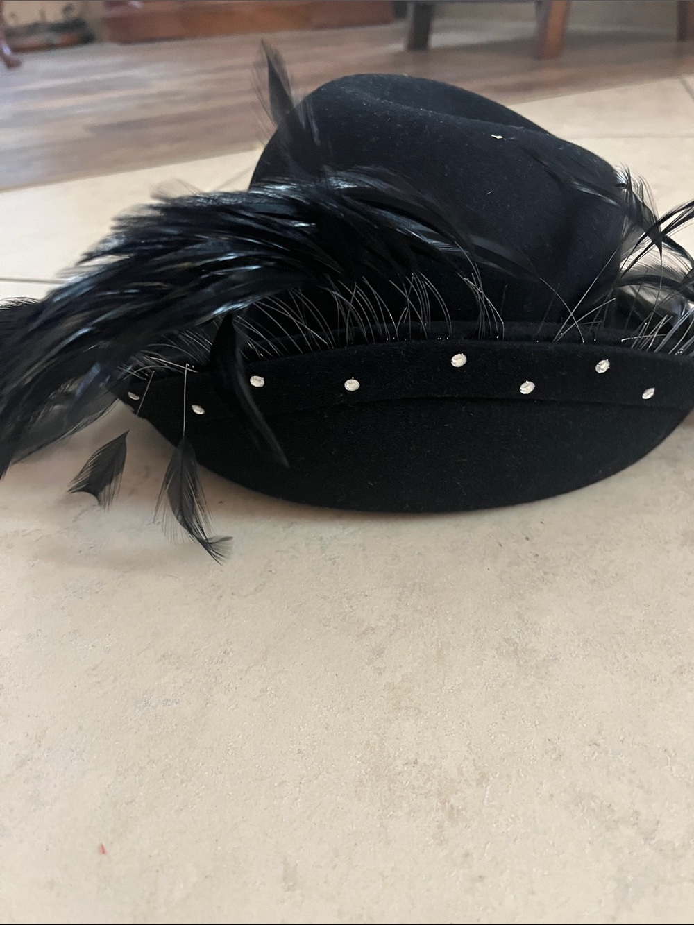 Vintage Elegant Black Feathered Women's Hat with Rhinestone Trim